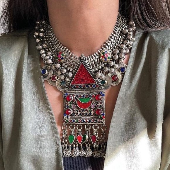 Jewelry - Vintage Kuchi Choker with Colourful Glass Stones